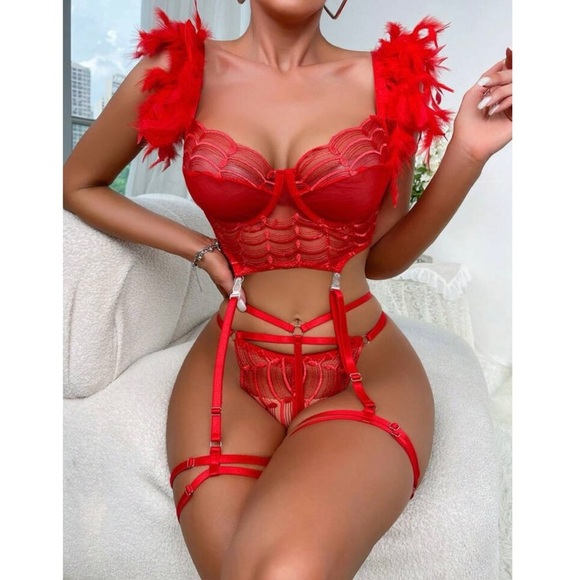 Sexy Red Cabaret Valentine Feather Corset Lingerie Garter Costume - Picture 9 of 13